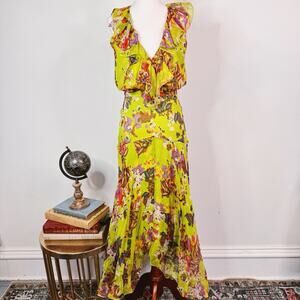 Saloni Rita Midi Dress Silk Georgette Floral Ruffle Size 2 Lime Green Colorful